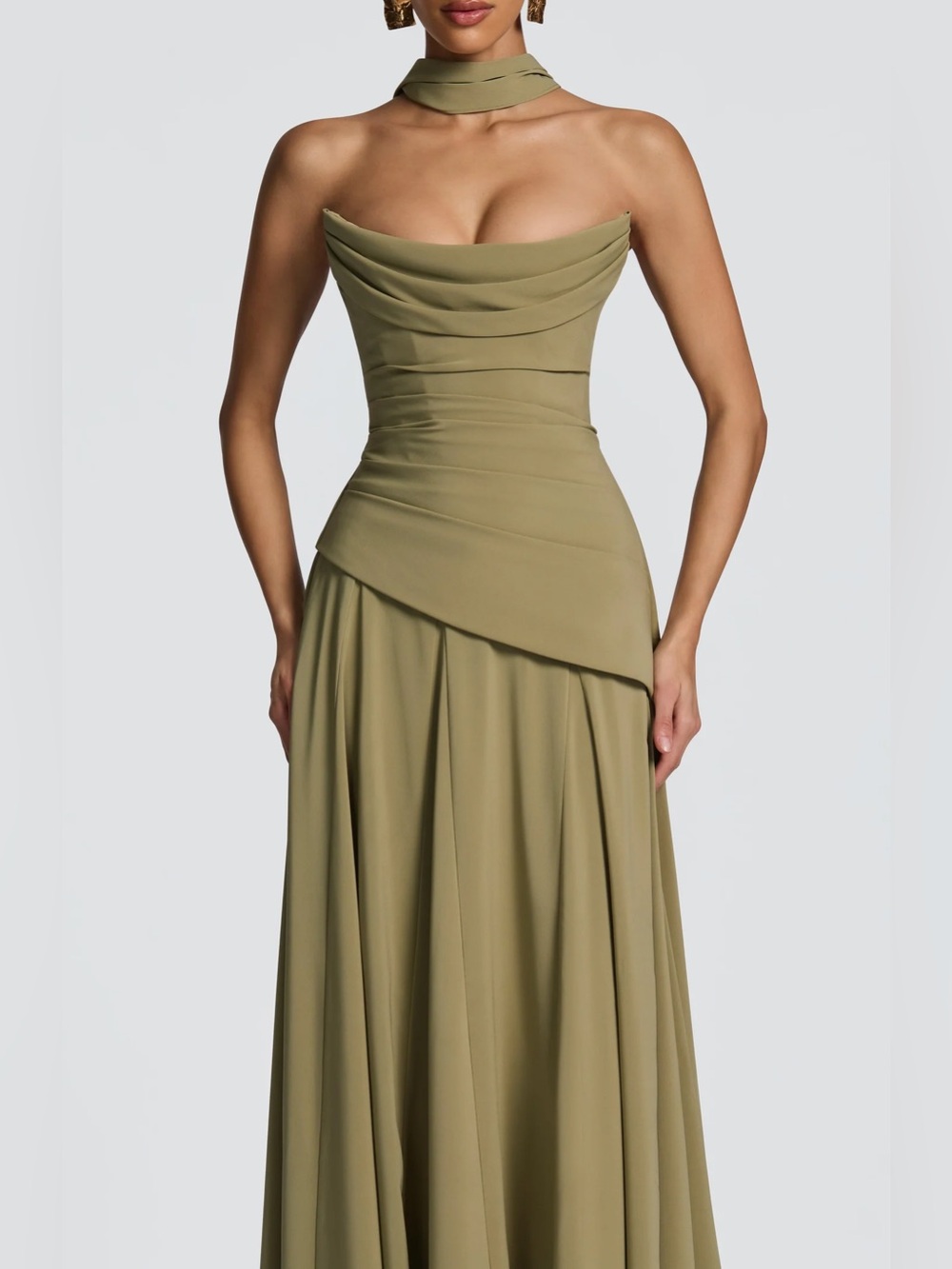 Olive Strapless Draped Evening Gown